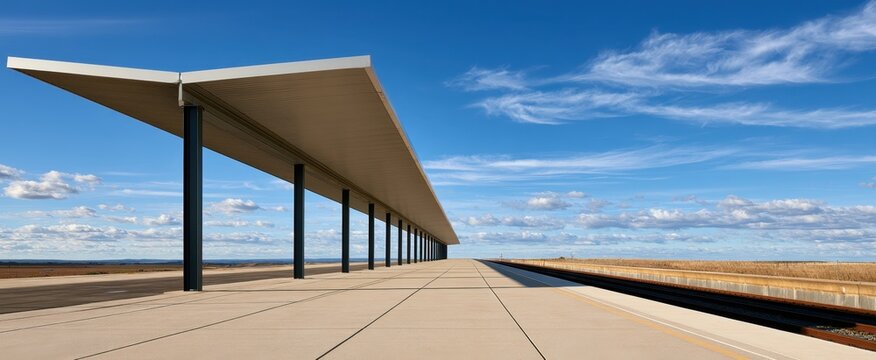 Long modern train platform canopy with repetitive columns and wide blue sky for architectural background and travel design layout