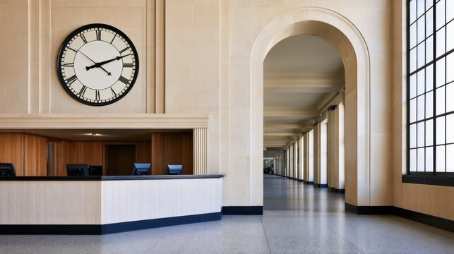 Historic station interior with large wall clock and arched colonnade for lobby background and architectural design project