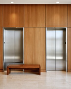 Symmetrical elevator lobby with warm wood paneling stainless steel doors and wooden bench for office building website brochure background design