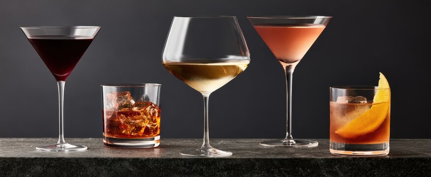 Assorted cocktail and spirits glass lineup with martini, wine and whiskey on dark background for menu design poster bar background and beverage branding