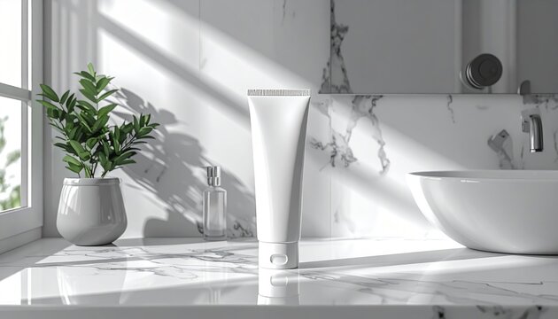 Blank white cosmetic tube lying horizontally on bright marble bathroom vanity for skincare packaging mockup