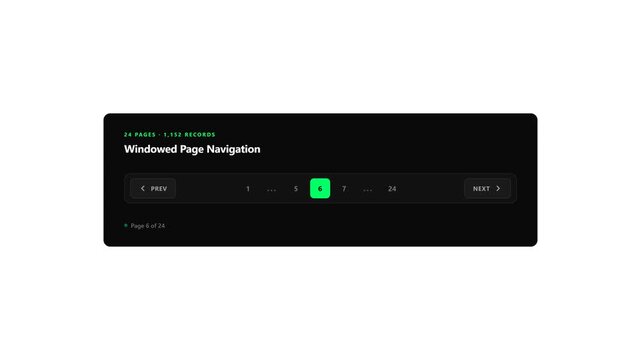 Clean dynamic UI pagination control element with animated active page selection, smooth pill indicators, neon green accents, and live status feedback on a transparent background.