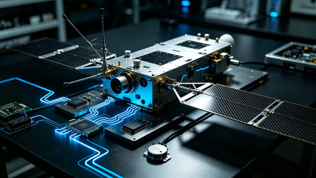 Detailed prototype model of a small satellite with deployed solar panels and antennas on a high tech testbench connected to glowing electronic circuits in an aerospace engineering laboratory