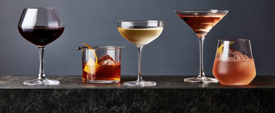 Assorted cocktails and wine glasses on dark stone bar background for menu design, restaurant banner, drink advertisement and bar branding