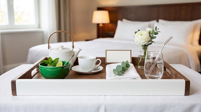 Luxury hotel room service wooden tray featuring fresh mint tea and sparkling water on white bed line