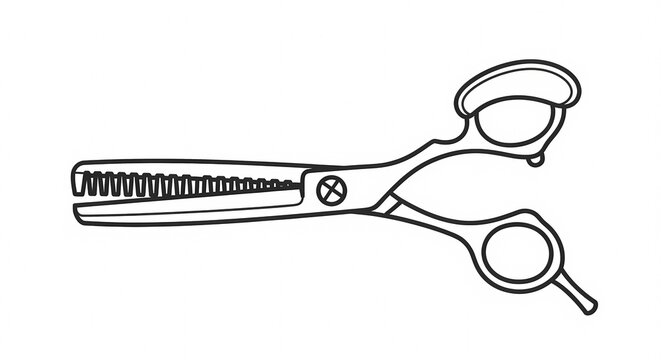 Minimalist line art illustration of professional hair thinning shears for salon and barbering, isolated on a white background for beauty industry graphic design and icons.