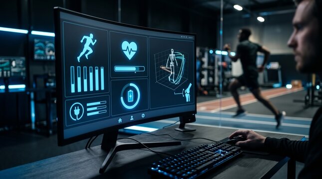 Sports scientist monitoring biometric data and biomechanics analysis on a curved screen while an athlete runs in a high tech laboratory
