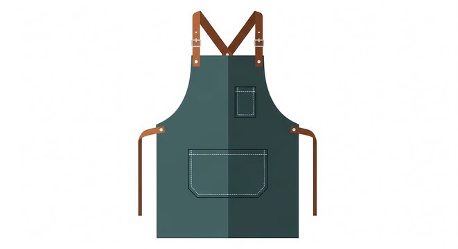 Professional dark green culinary apron with leather straps and pockets, isolated on white. Flat vector illustration for chef, barista, or craftsman uniform design.