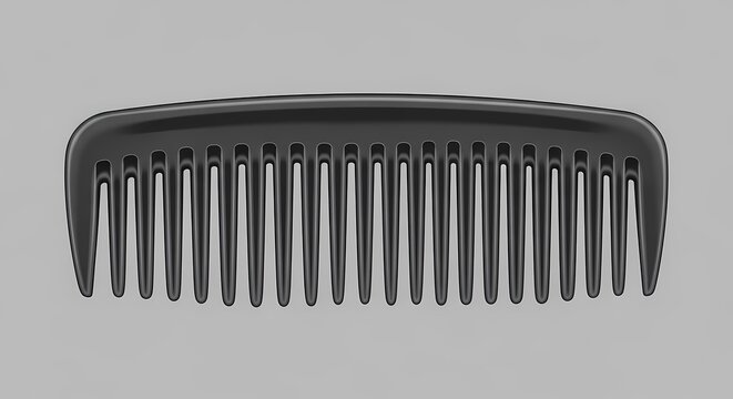 Simple black plastic hair comb isolated on neutral grey background, professional grooming tool for hair styling and daily personal care maintenance, 3D rendering of vanity accessory.
