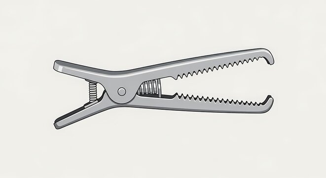 Serrated metal spring clamp illustration, versatile kitchen tool or industrial hardware component isolated on neutral background
