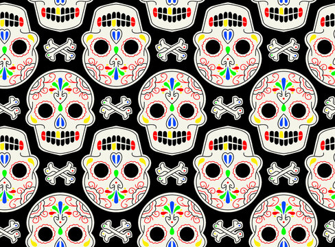 Colorful sugar skulls pattern on black background