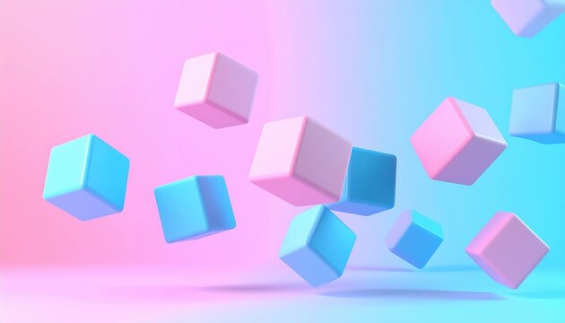 Soft pink and blue toy cubes floating diagonally across colorful pastel background in dynamic motion