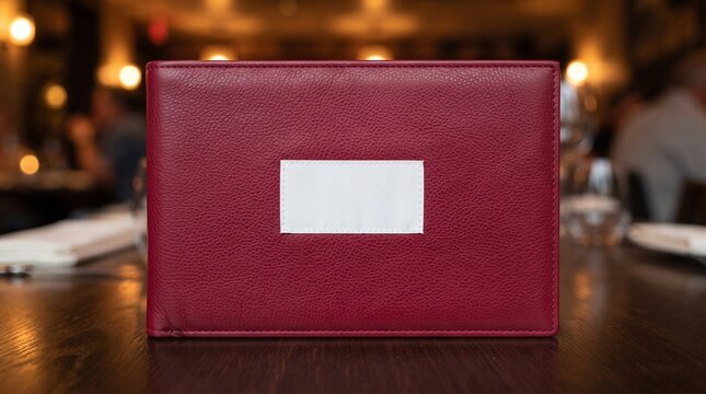 Burgundy leather bill folder resting on a dark restaurant table featuring a blank label for branding