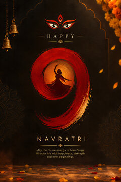Creative conceptual poster design for navratri festival with dancer silhouette and stylized number nine indian festival nine nights hindu holidays cultural graphic