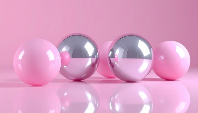 Reflective silver metallic spheres beside matte pastel pink balls in minimalist studio setting