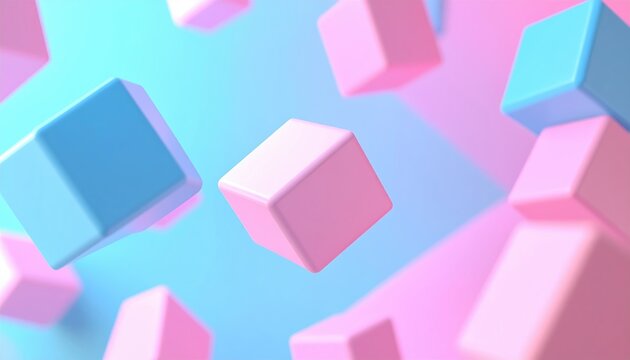 Soft pink and blue toy cubes floating diagonally across colorful pastel background in dynamic motion