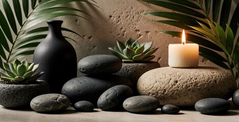 Obraz premium Minimalist spa setup with smooth black basalt stones, burning white candle. Green succulent plants in stone pots sit near dark matte vase. Tropical palm leaves create soft shadows on textured wall