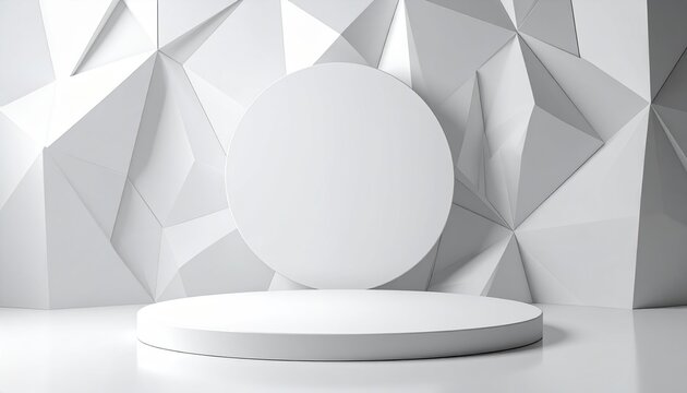 White circular cylinder podium on glossy floor surrounded by chaotic geometric triangle wall in modern 3D studio