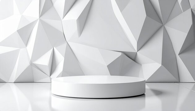 White circular cylinder podium on glossy floor surrounded by chaotic geometric triangle wall in modern 3D studio