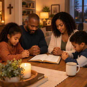 Christian Family Praying Together with Bible at Home