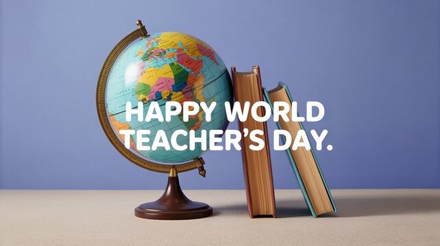 Globe and two hardcover books on a table, happy teacher's day text