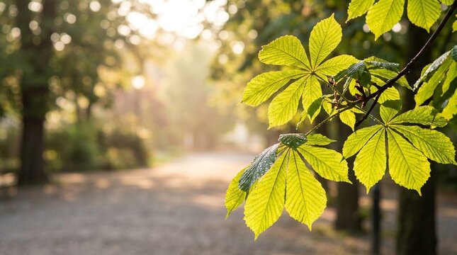 Horse chestnut leaves backlit by morning sun with dew drops
