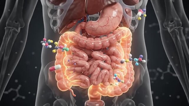 3D human anatomy model swallowing pill and digesting medication