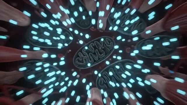 3D human running zooms to blood cells muscle tissue and mitochondria