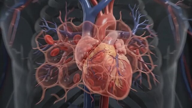 3D medical animation of oxygen exchange in human lungs and alveoli