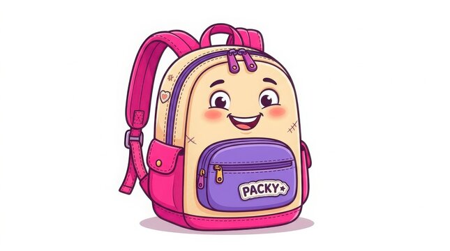 Cute cartoon school backpack character with a happy face and colorful design for kids education