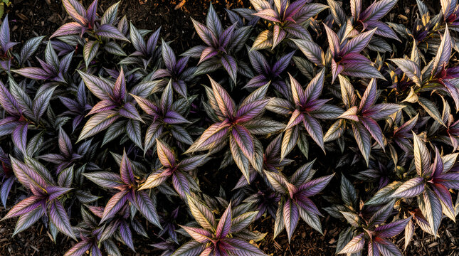 Close up of dark purple and green tropical leaves creating a dense natural background texture pattern