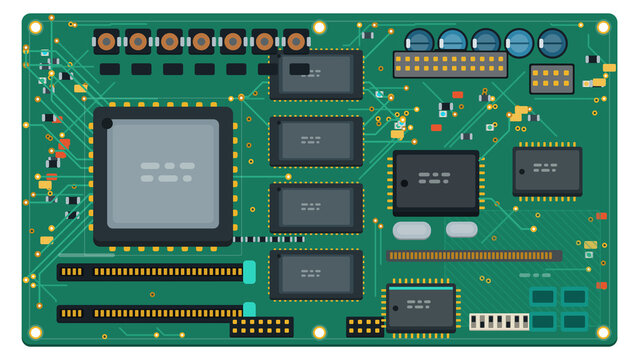 Dense computer mainboard with processor, memory chips and expansion slots
