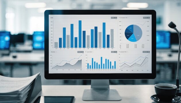 Computer monitor displaying financial charts and graphs in an office
