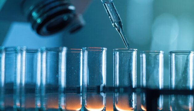 Dropper adding liquid to test tubes in laboratory science