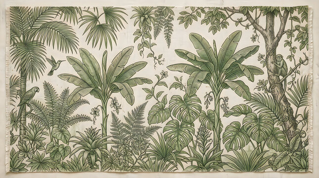 Tropical jungle pattern with palm trees and wild animals in a vintage hand drawn botanical style