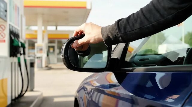 Driver adjusting car side mirror for safety before driving away from gas station