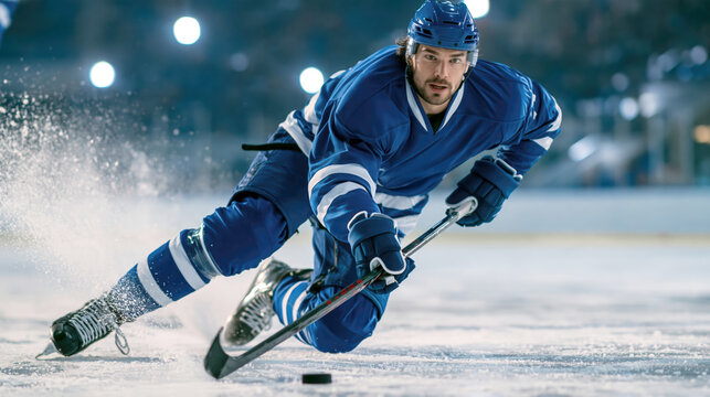 Male ice hockey player in blue uniform sliding on ice with stick and puck