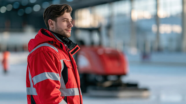 An ice rink manager supervising maintenance and ice resurfacing, Zamboni machine on the ice