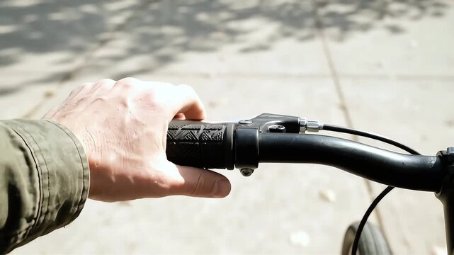 Bicycle handle grip point of view footage man riding bike outdoors on sunny path