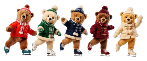 Fototapeta premium Five teddy bears in festive winter outfits, PNG transparent background