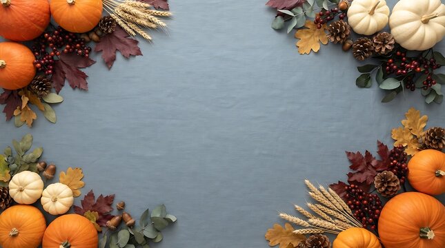 Autumn background with pumpkins and fall leaves arranged in corners on a blue surface for seasonal design