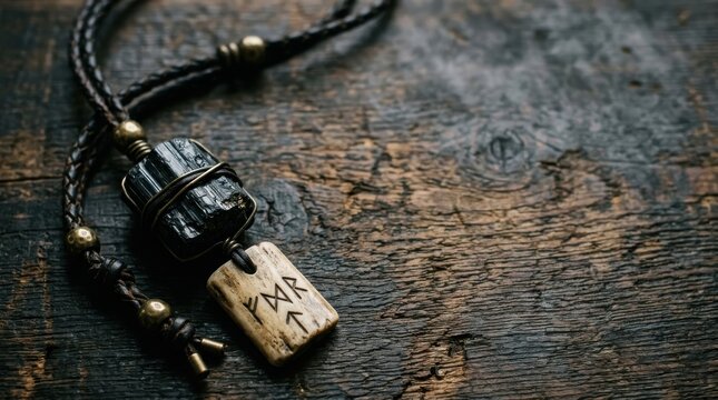 Black tourmaline and carved bone rune pendant necklace on dark rustic wooden surface, representing spiritual introspection and ancient esoteric symbolism for personal growth