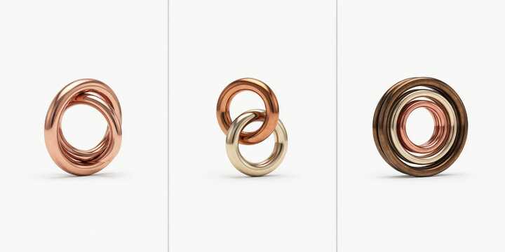 Three artistic arrangements of polished copper and gold rings on a plain white background