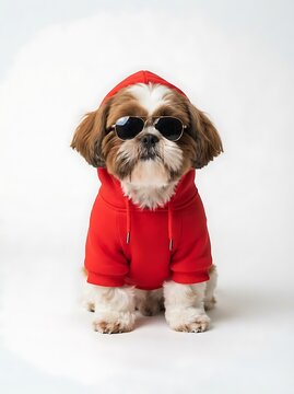 Cool shih tzu dog wearing red hoodie and sunglasses