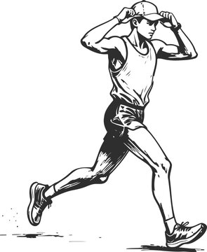 Runner adjusting cap while jogging male athlete in sportswear running with motion and focus