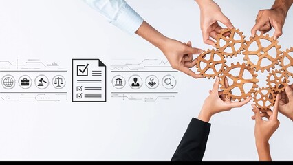 Obraz premium Collaboration and Teamwork in Business with Hands Holding Wooden Gears and Digital Elements Representing Modern Work Process and Innovation. Entropy.