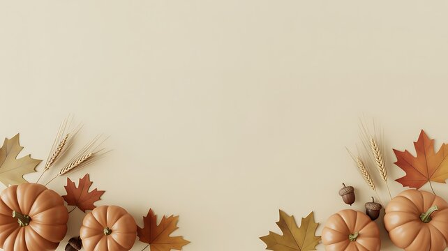 Autumn background with pumpkins and fall leaves arranged in corners on a neutral beige surface