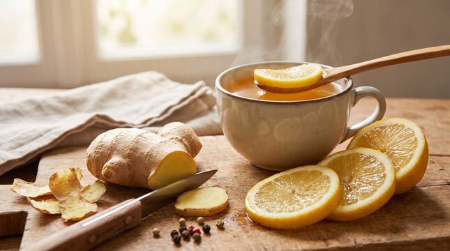 Ginger root and lemon slices in a cup of hot tea on a wooden table  
