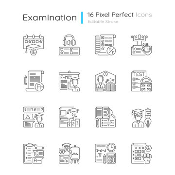 Examination tests pixel perfect linear icons set. Exam paper with answers. Studying, education. Customizable thin line contour symbols. Isolated vector outline illustrations. Editable stroke