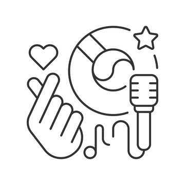 K pop pixel perfect linear icon. Musical genres. Microphone with vinyl. Giving love hand. Thin line customizable illustration. Contour symbol. Vector isolated outline drawing. Editable stroke